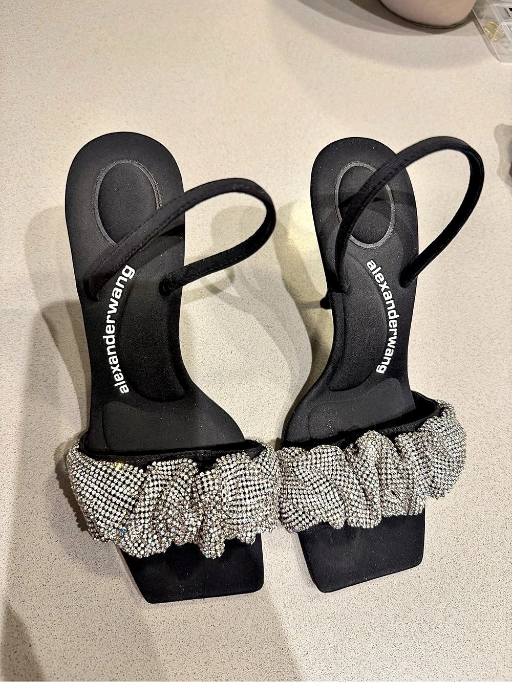 Alexander Wang Julie Crystal-Hotfix Satin Tubular Sandals Black Heels